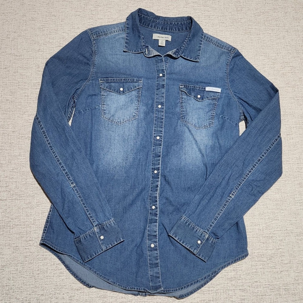 Calvin Klein Jeans Denim Shirt Womens S Blue Pearl Snap Western Button Down